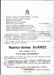 Maurice Jérôme Bammez veuf de Dame Julia Boudeile, décédé à Cassel, le 4 Novembre 1958 (75 ans).
